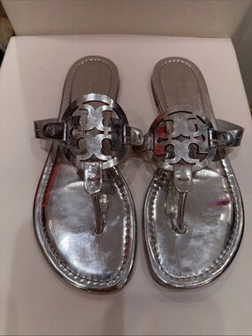 Tory Burch Metallic Silver Logo Thong Sandals